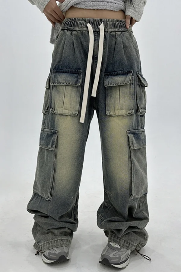 Casual High-waist Drawstring Multi-pocket Baggy Jeans