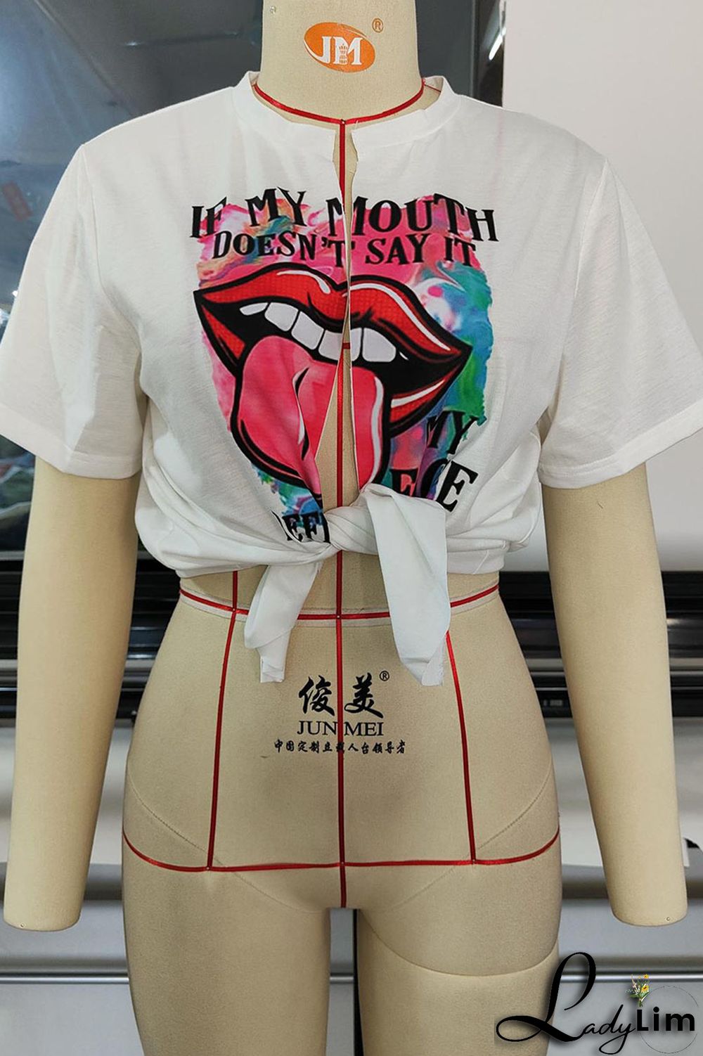 White Red Sexy Print Bandage Patchwork Slit T-Shirts