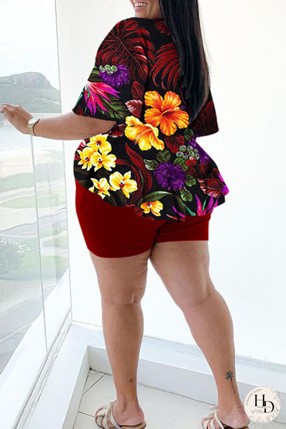 Blue Casual Print Bandage Split Joint V Neck Plus Size Two Pieces