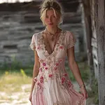 Vintage Boho Pink Roses Embroidered Flowy Maxi Dress - Image 2