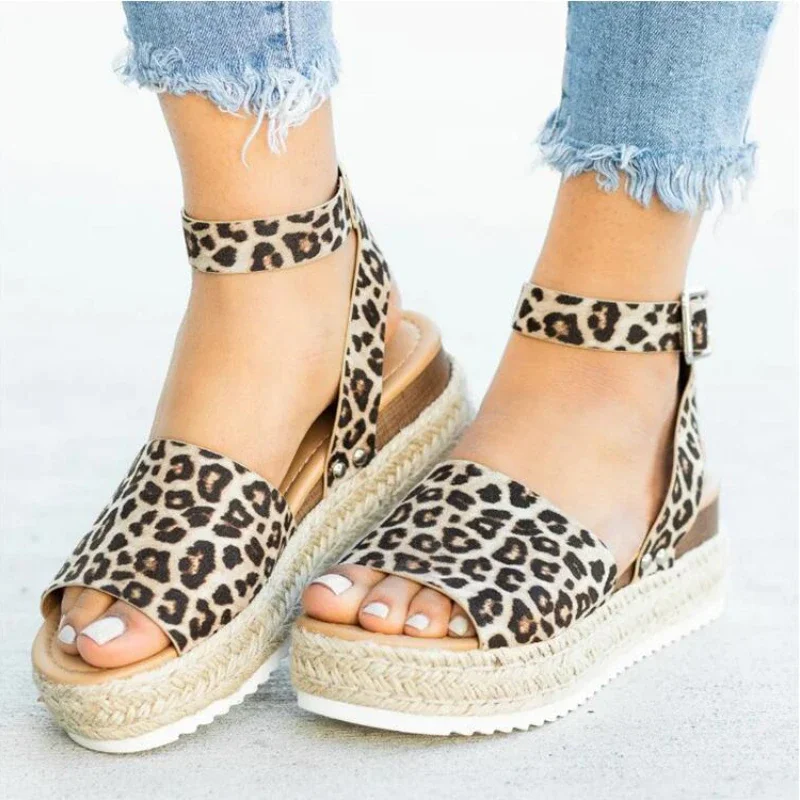 Qengg New Women Casual Sandals Fish Mouth Hemp Rope Platform Wedge Shoes Fashion Round Toe Buckle Leopard Print Beach Flats Plus Size