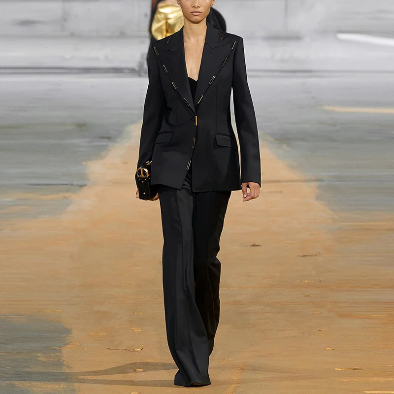 Nigikala Nigikala Fashion New Metal Block Decorated A Buckle Suit Trumpet Trouser Suit Two Sets