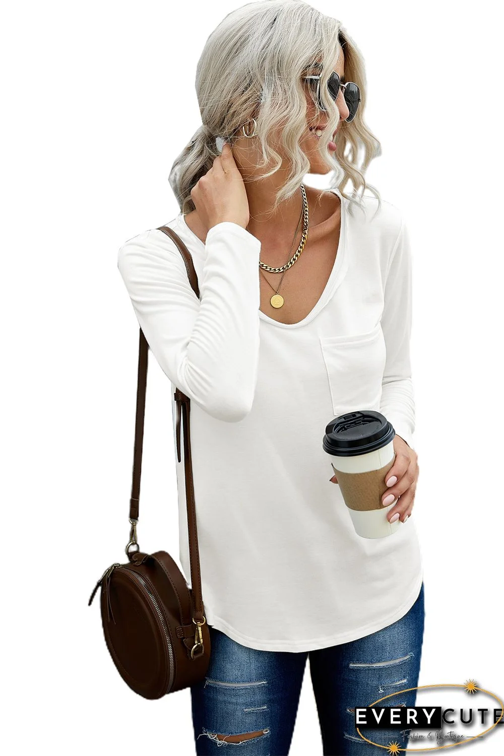 White V Neck Long Sleeve Pocket Top