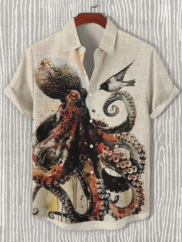 Men's Octopus And Bird Funny Watercolor Print Casual Shirt