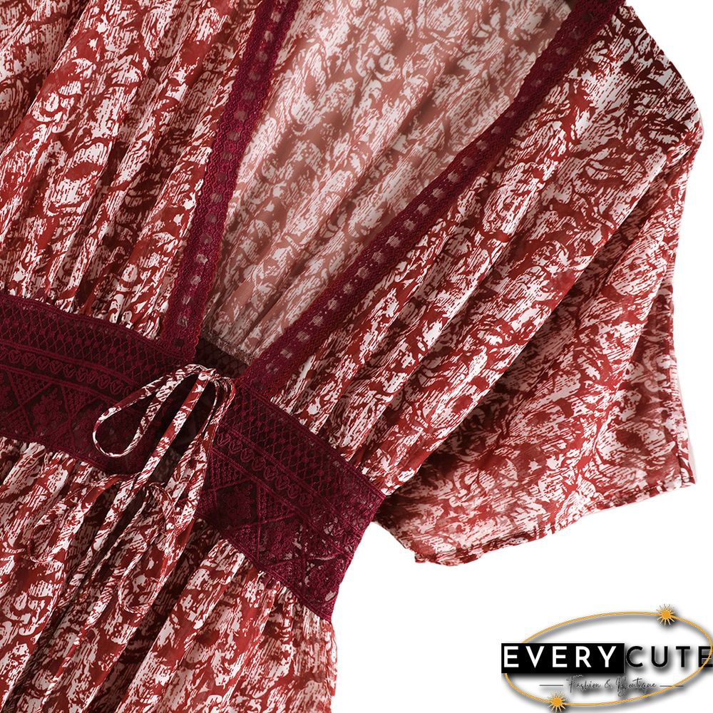 Rust Red Chiffon & Lack Long Kimono Beach Cover
