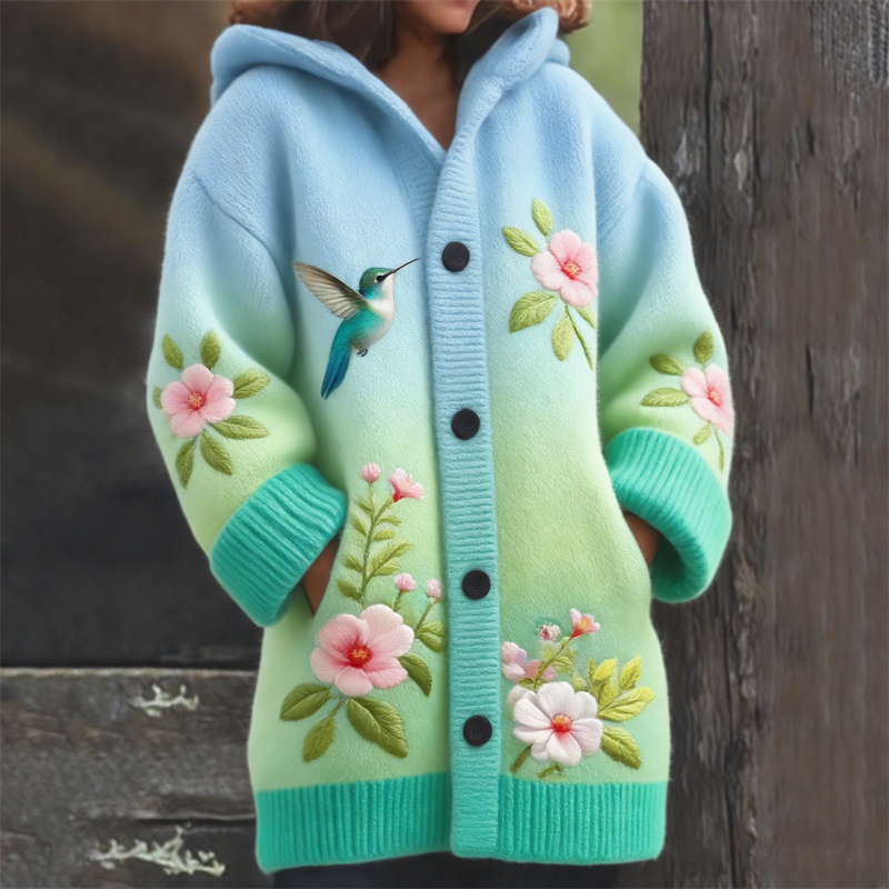 Humming Bird & Flowes Gradient Cozy Knit Hooded Cardigan wearshes