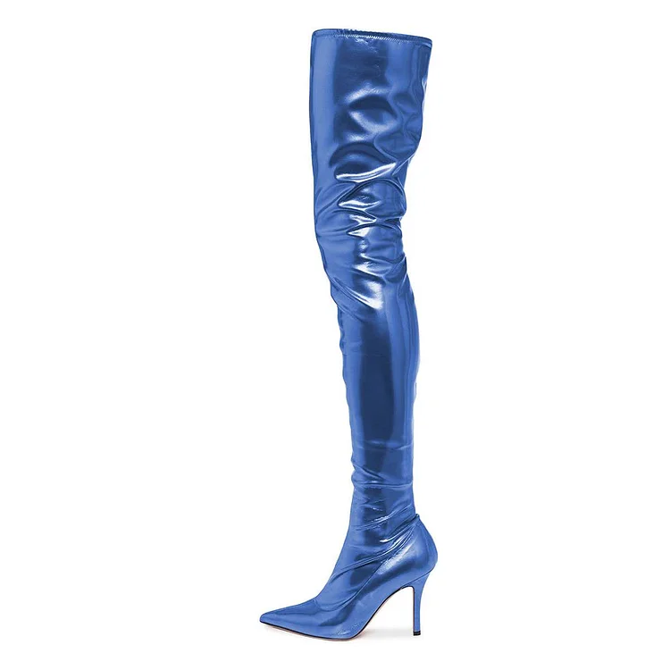 Metallic Blue Pointed Toe Stiletto Heel Thigh High Boots by FSJ |FSJ Shoes