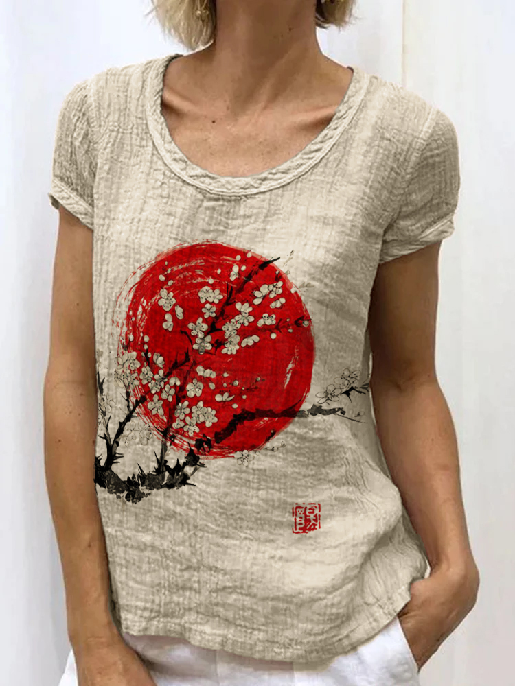 Comstylish Plum Blossom Sunrise Japanese Art Linen Blend Tunic