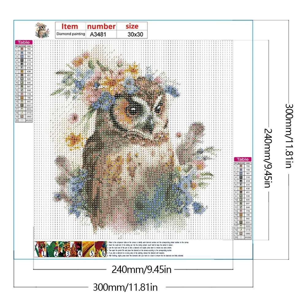Full Round Diamond Painting 30*30cm - Owl And Flowers