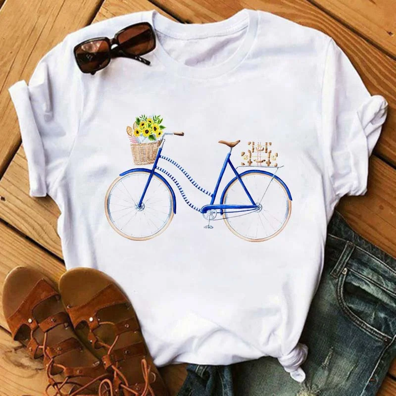 Bicycle with Sunflower Women Tshirt Summer Harajuku Short Sleeve White T Shirts Cartoon Casual Woman Tops Tees