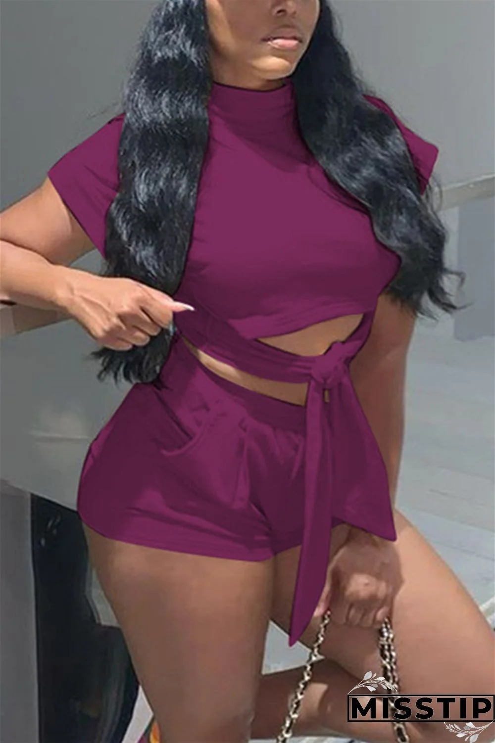 Wine Red Blends Street Solid Straight Short Sleeve Two Pieces