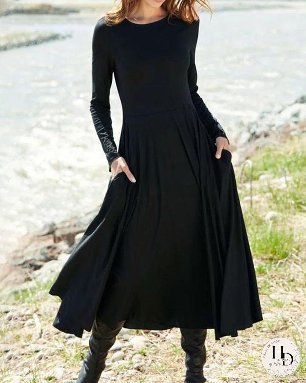 Women's Dresses Solid Round Neck Pocket Long Sleeve Dress