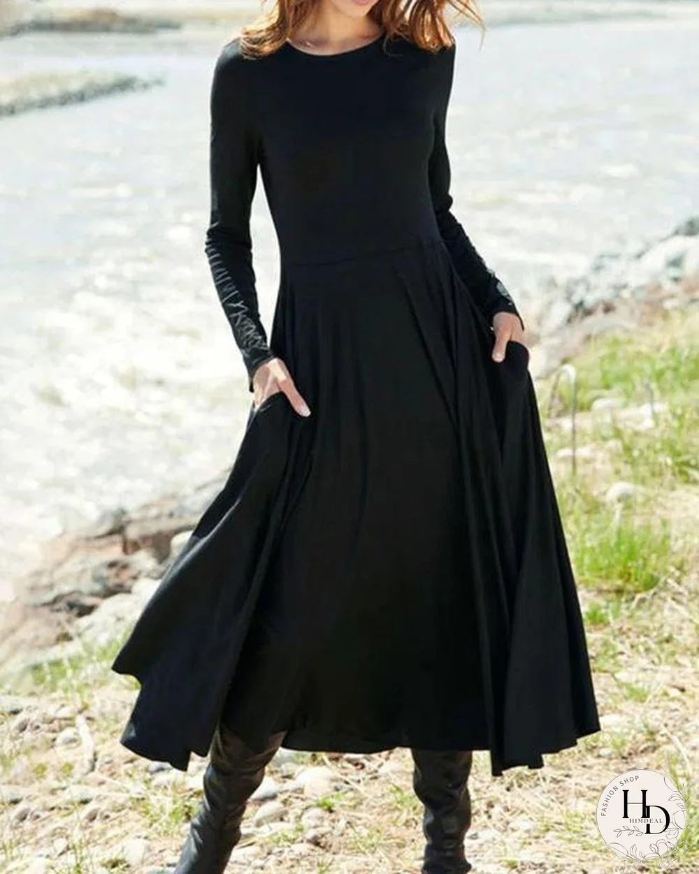 Women's Dresses Solid Round Neck Pocket Long Sleeve Dress