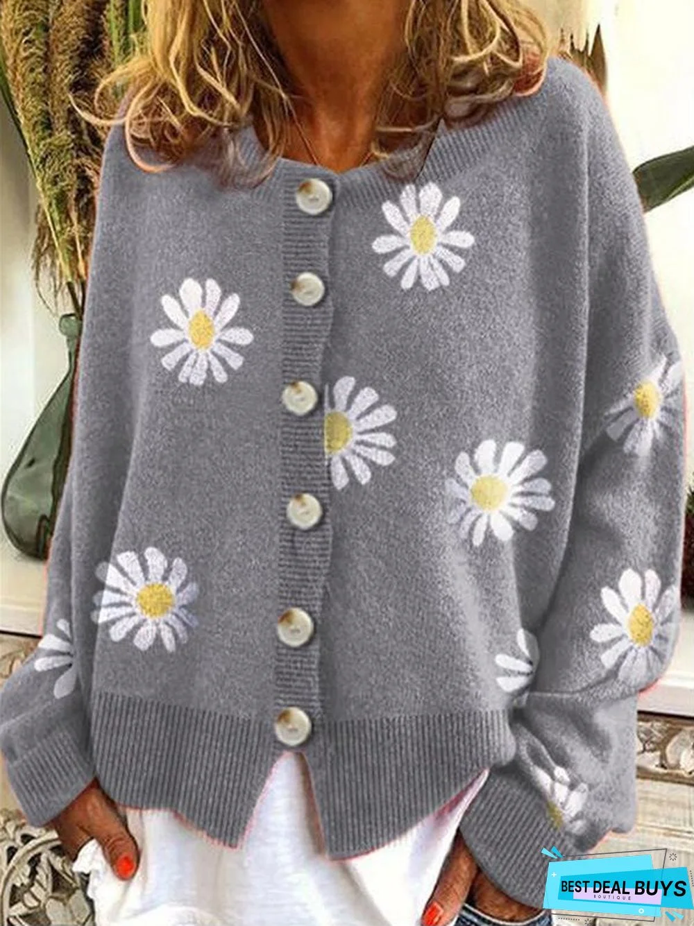 Long Sleeve Cotton-Blend Shift Floral Sweater