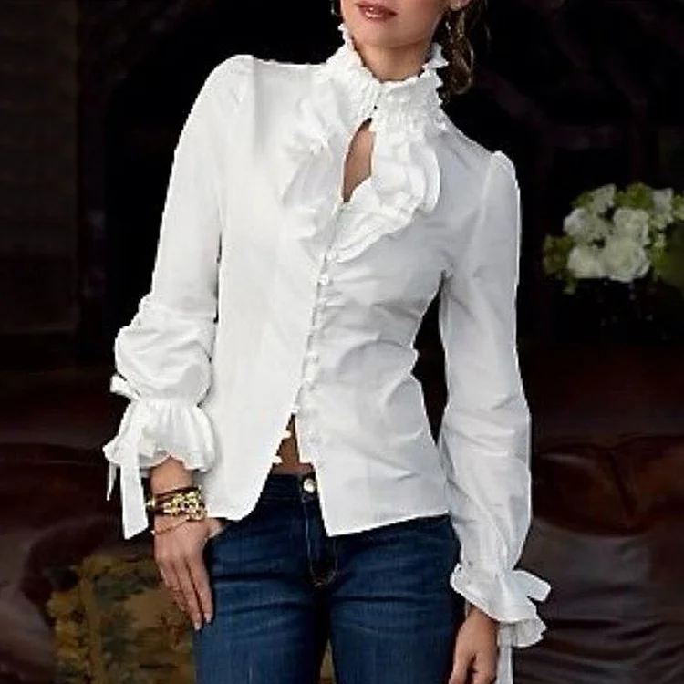 Retro Ruffle High Neck Cut Out Button Long Sleeve Blouse