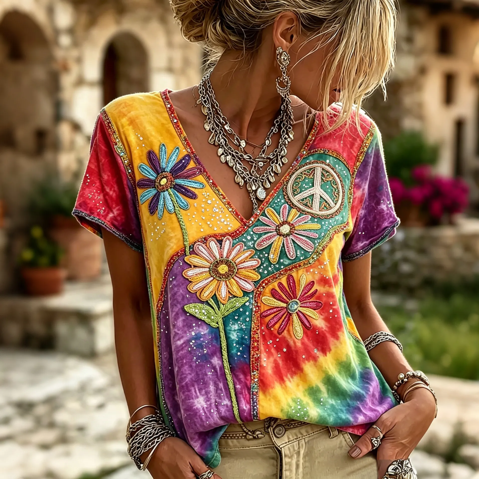 Comstylish Women's Vintage Hippie Floral Art Print V Neck Linen Blend Short Sleeve Tops