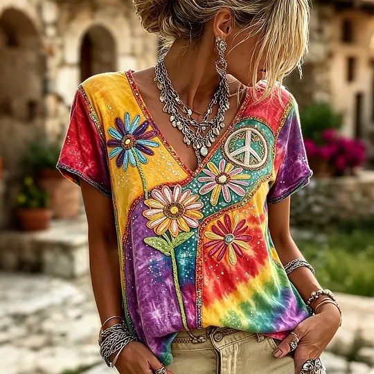 Women's Vintage Hippie Floral Art Print V Neck Linen Blend Short