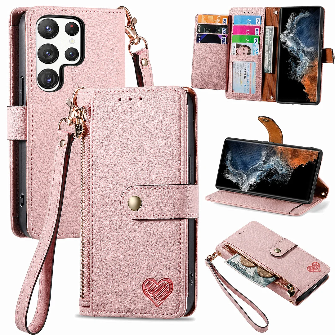 Luxury Heart Leather Wallet Phone Case With 7 Cards Slot,Zipper Cash Slot,Kickstand And Lanyard For Galaxy S22/S22+/S22 Ultra/S23/S23+/S23 Ultra
