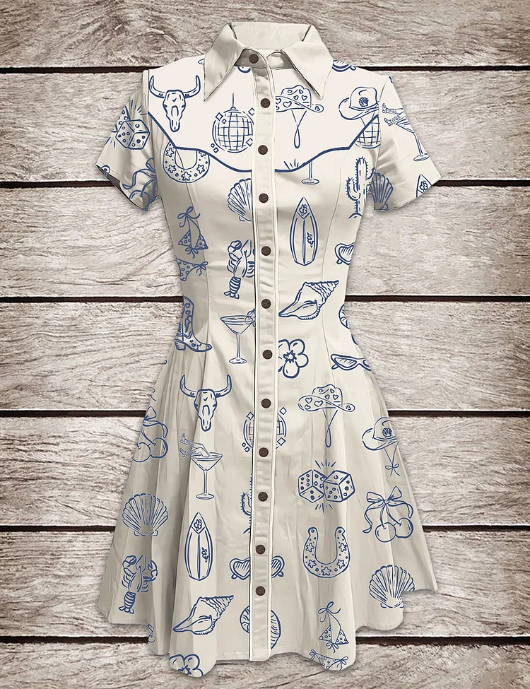 Women’s Cowgirl Coastal Bachelorette Hand Drawn Whimsical Button-down Dress Short Sleeves Dress