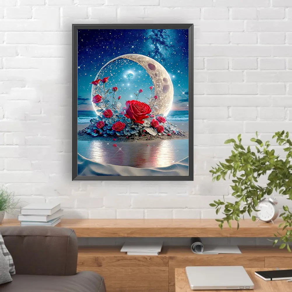 Full Round Diamond Painting 30*40cm - Red Roses Under The Moon