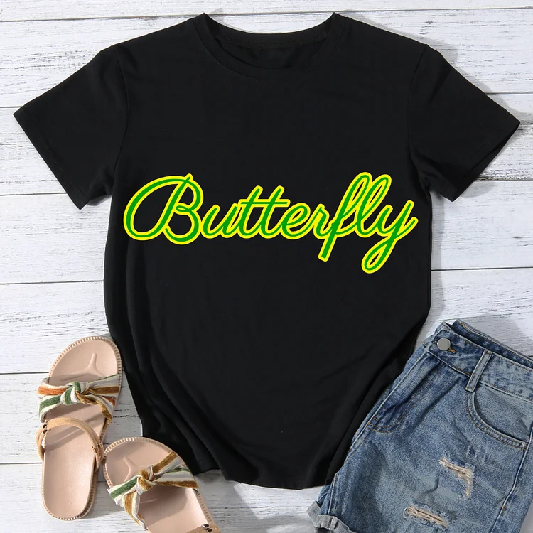 Gold and Green Butterfly Text Print  Women Round Neck T-shirt BSTCA0018