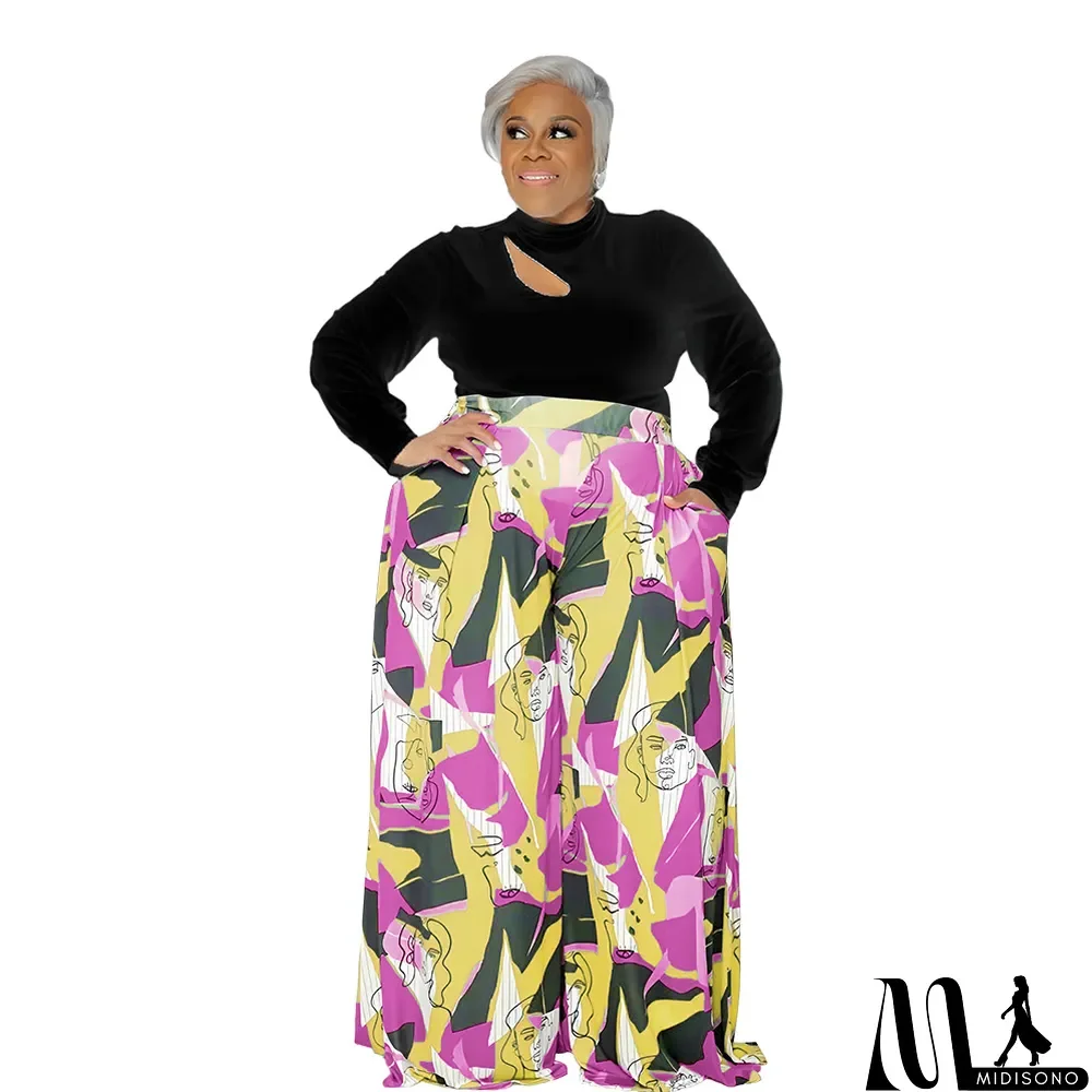 MidiSono - Casual Women'S Cutout Long Sleeve Top Pocket Print Wide Leg Pants Plus Size Fashion Casual Two Piece Pants Set