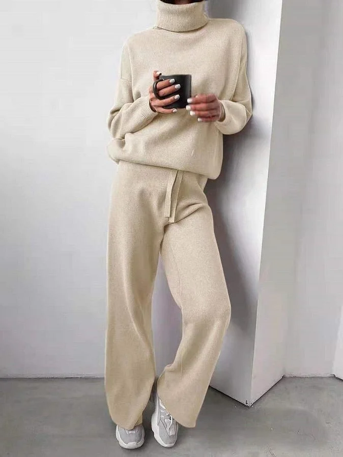 Solid Two Piece Set Women Turtleneck Long Sleeve Top Pullover Casual Long Pants Suit Female Autumn Homewear Outfits Tracksuit