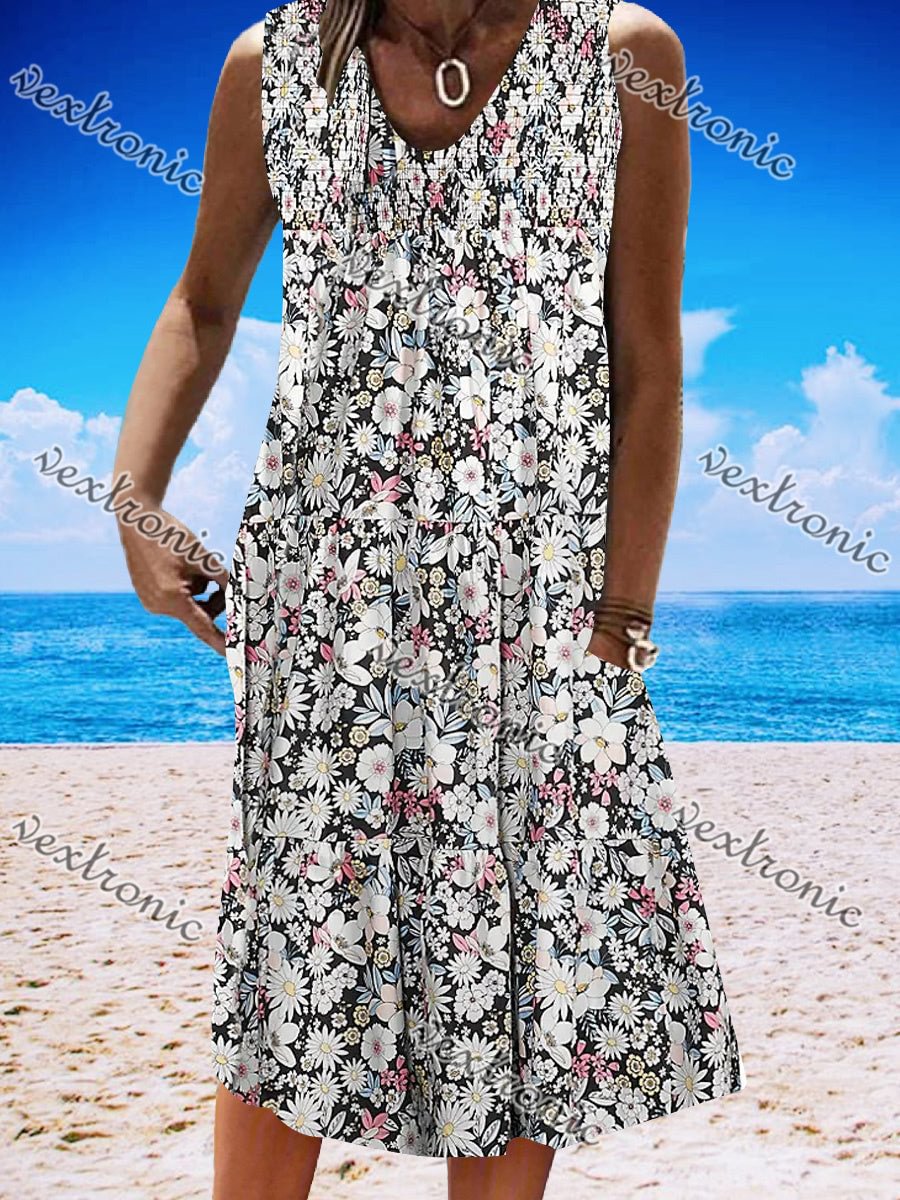 Women's White Sleeveless V-neck Graphic Floral Printed Midi Dress
