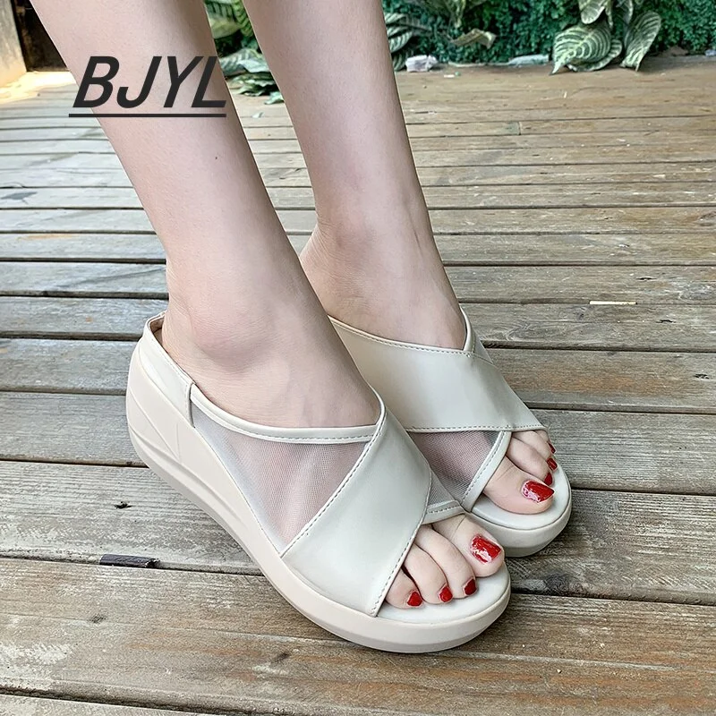 Qengg new one-word trawl gauze thick-soled sandals and slippers women's outer wear fish mouth sandals