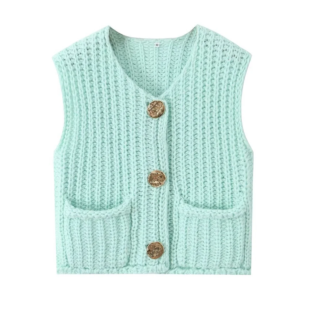 Nigikala Nigikala 2025 Spring And Autumn 2025 New Women's Pocket Sleeveless Short Knitted Cardigan Vest