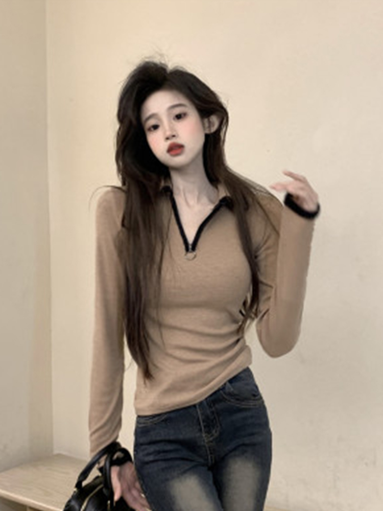 Women Fashion Loose Classical Jumper Vintage Polo Collar Long Sleeve Office Lady Pullovers Simple Y2K Streetwear Autumn Winter