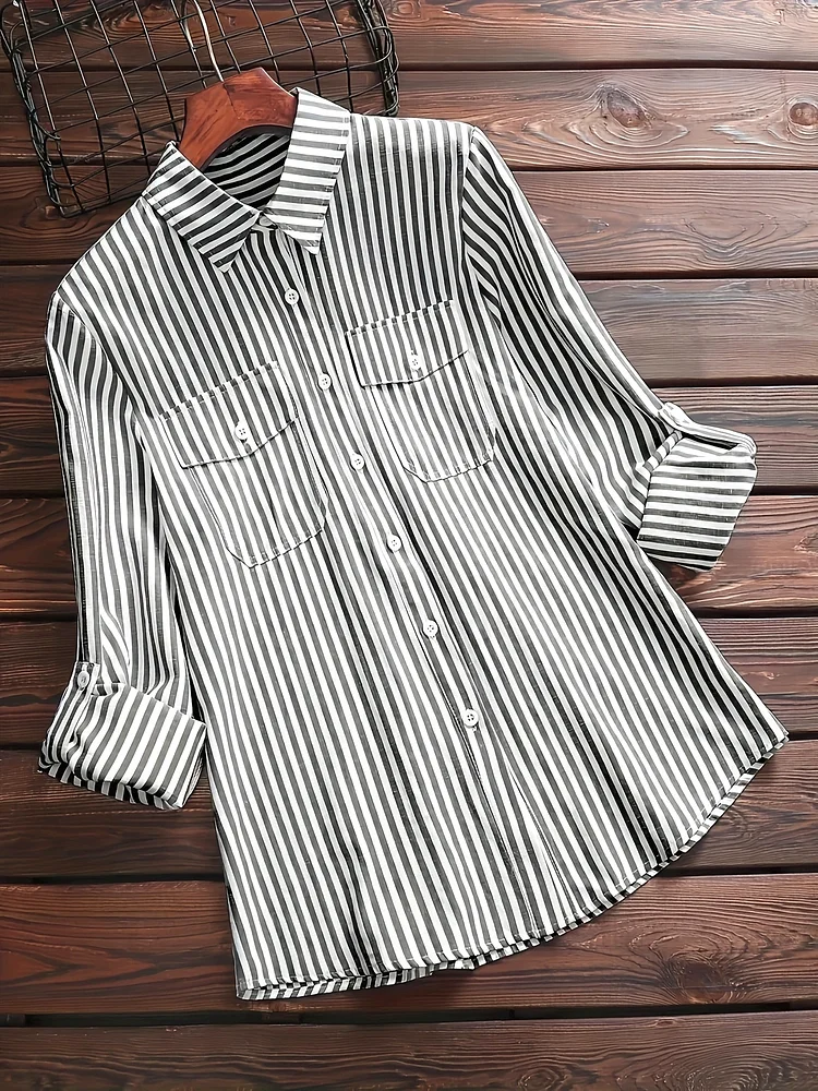 Chic Women's Striped Button-Up Shirt - Casual Long Sleeve With Collar, Pocket Detail, Machine Washable Polyester - Ideal For Spring & Fall Fashion