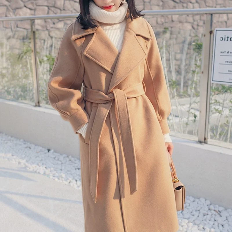 Long Office lady Elegant Collar Loose 2021 New Fashion Winter Outerwear Woolen Overcoat Woman Femme Hiver Wool Coats