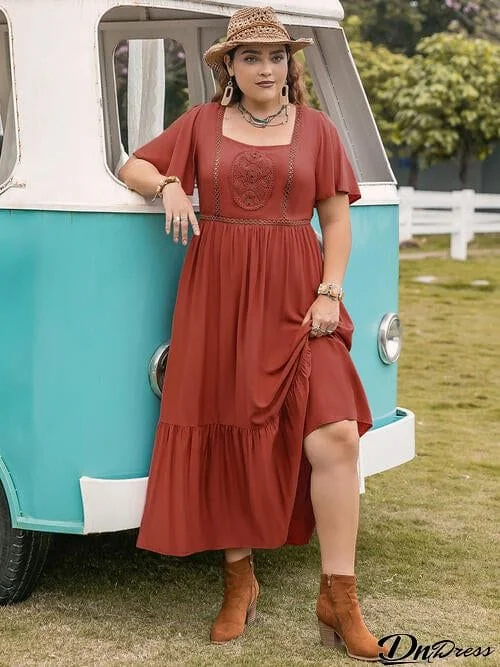 Plus Size Square Neck Short Sleeve Ruffle Hem Dress