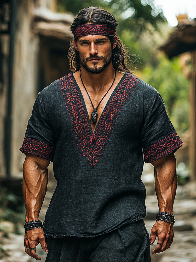 Men's Viking Knot Tribal Print Art Pattern Linen T-Shirt / Rvogue / Rvogue