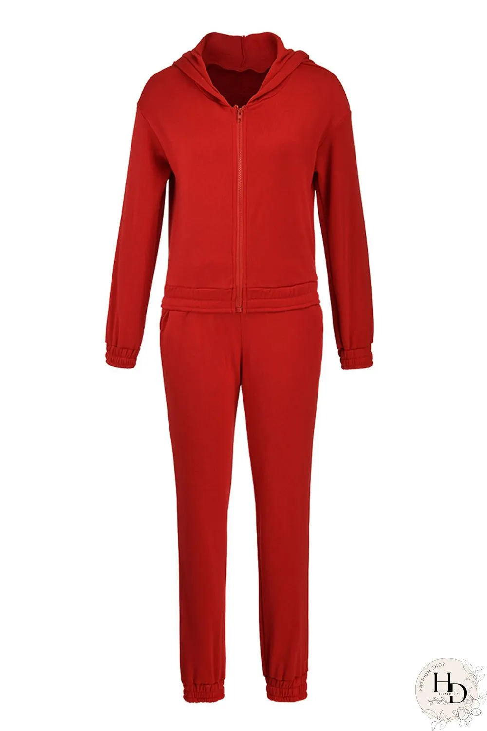 Red Fashion Casual Solid Cardigan Pants Hooded Collar Long Sleeve Two Pieces