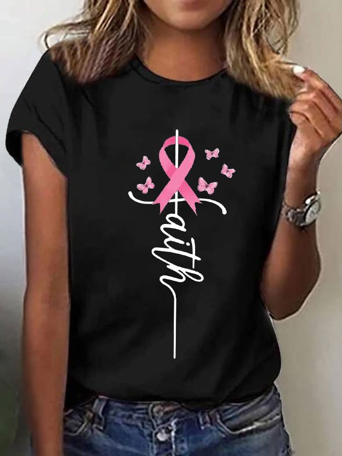 Women's Pink Ribbon Faith Breast Cancer Awareness Warrior Tee