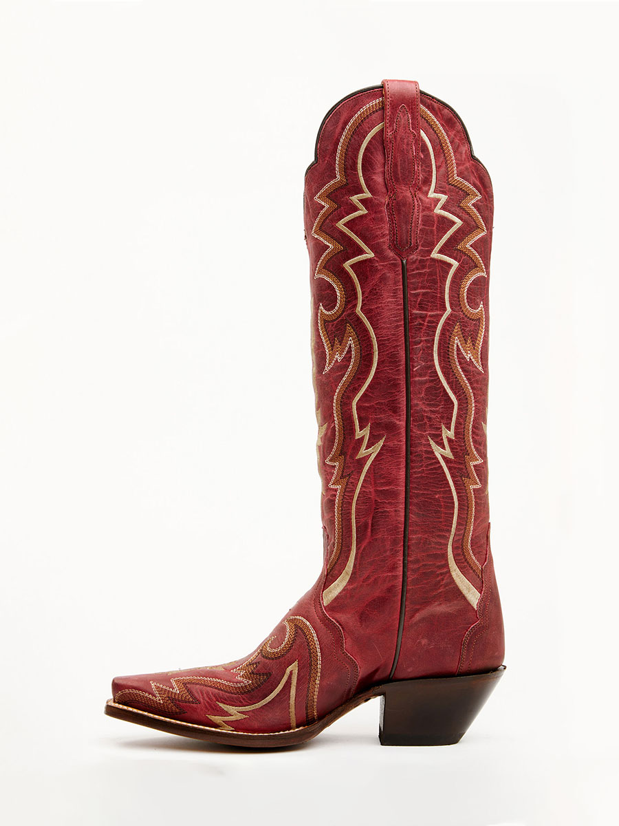 Maroon Pointed Toe Chunky Heel Embroidered Western Boots for Women