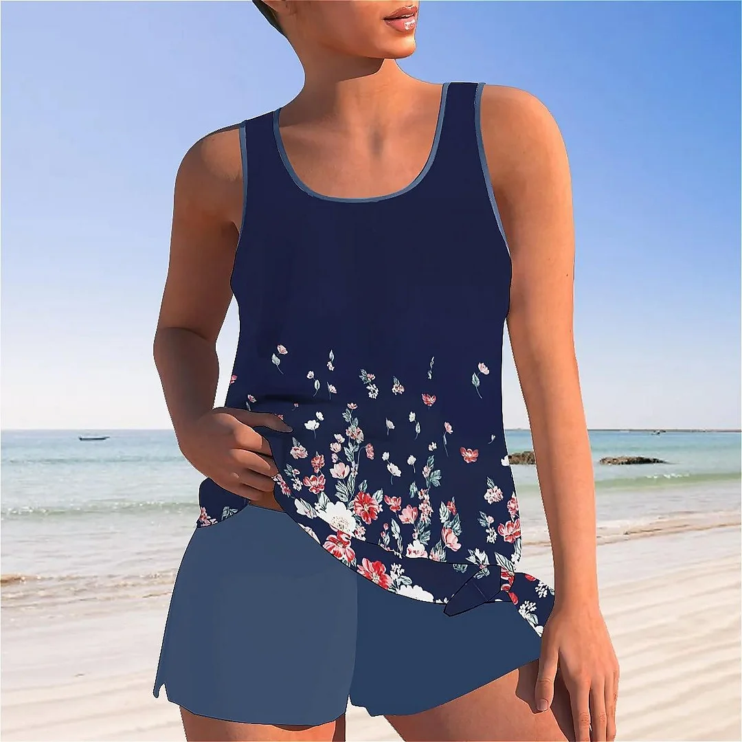 Bowknot Floral,Blue,Red Mid Waisted Tankini Set - Plus Size Available