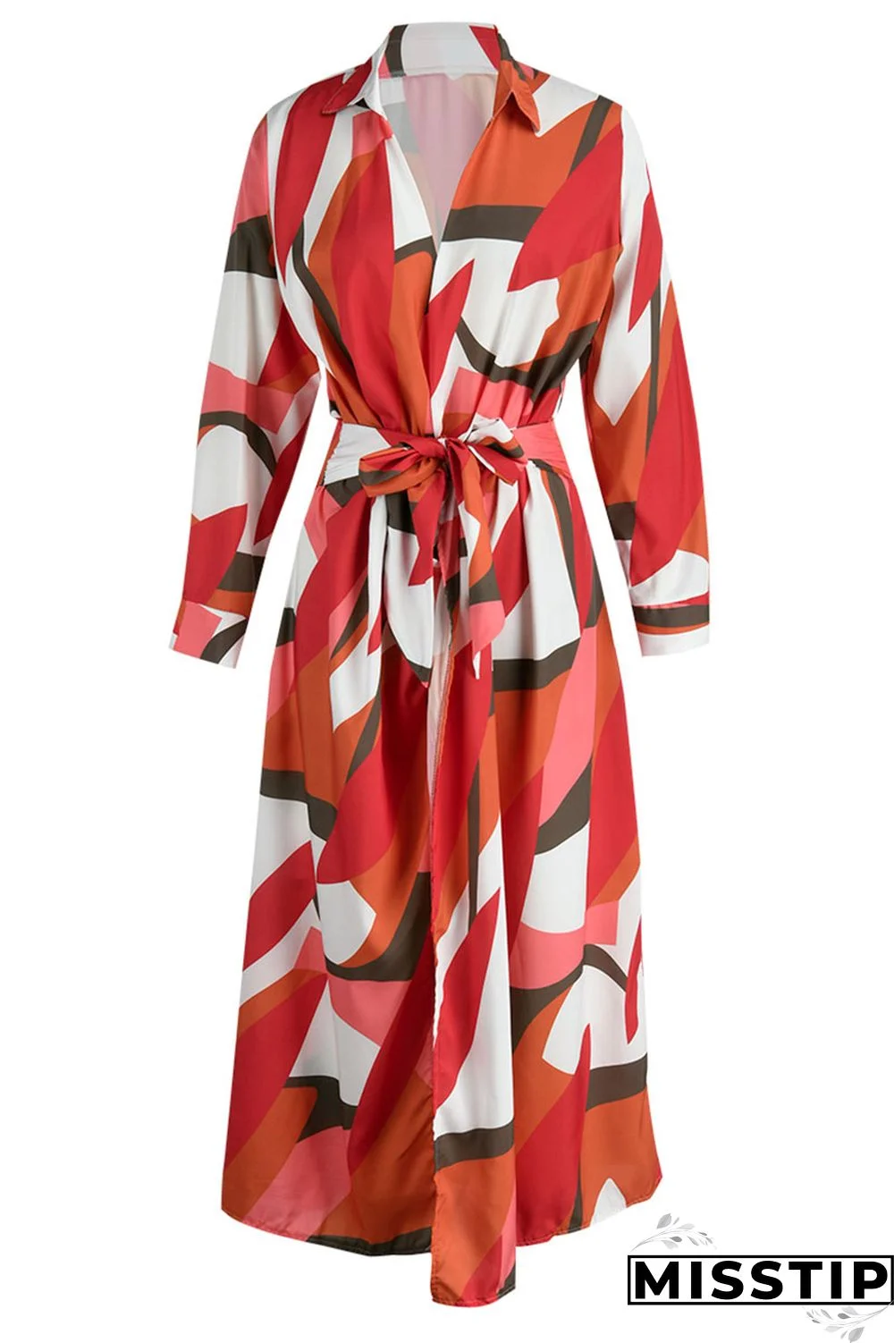 Tangerine Red Casual Print Bandage Patchwork Turndown Collar Long Sleeve Dresses