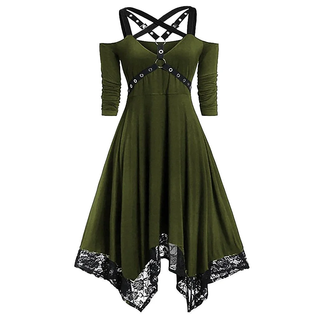 Plus Size Clothes Punk Clothing Solid Colors Lace Dress Irregulars Dress