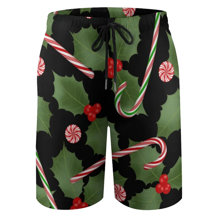 Peppermints And Holly Leaves Winter Christmas Boys' Quick Dry Beach Swim Trunk Shorts - Heather Prints Shirts