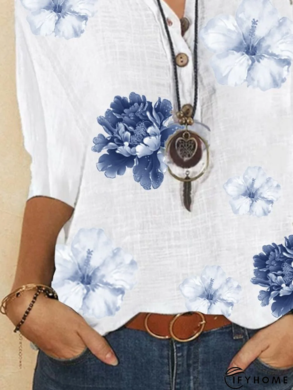 Floral Half Sleeve Printed Polyester V neck Vintage Summer White Top | IFYHOME