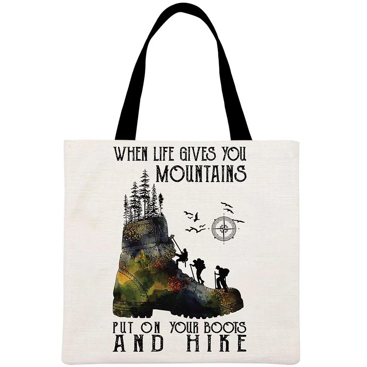 When life gives you mountains put on your boots and hike Printed Linen Bag-Annaletters