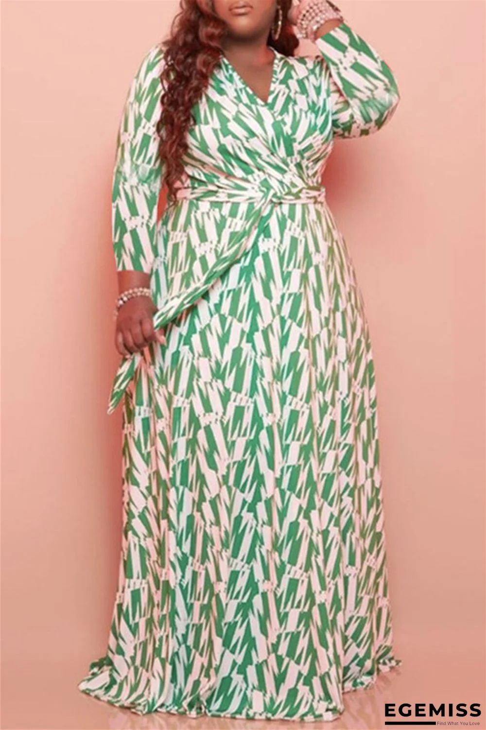 Green Fashion Casual Plus Size Print With Belt V Neck Long Sleeve Dresses | EGEMISS