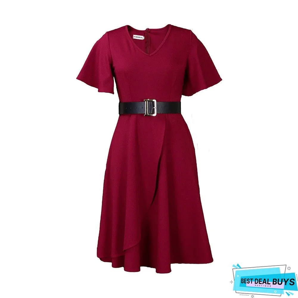 Belt Summer Women's Flared Sleeves Solid Mid Skirt Color Plus Size Dress