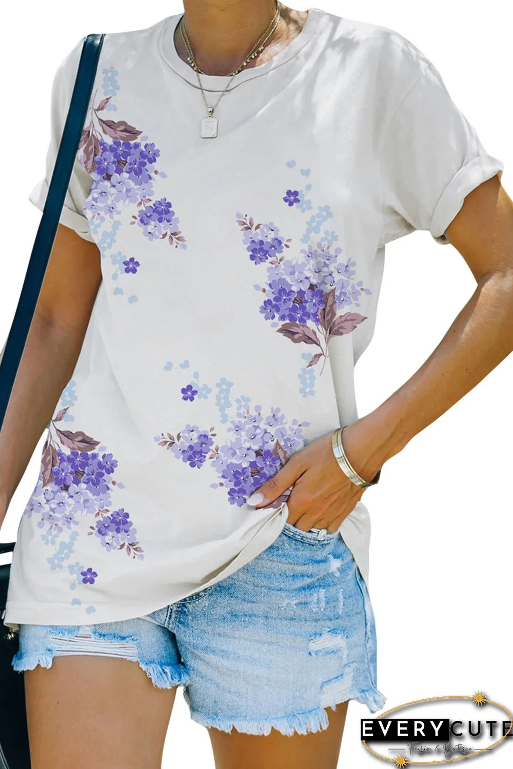 White Floral Print Crew Neck T Shirt