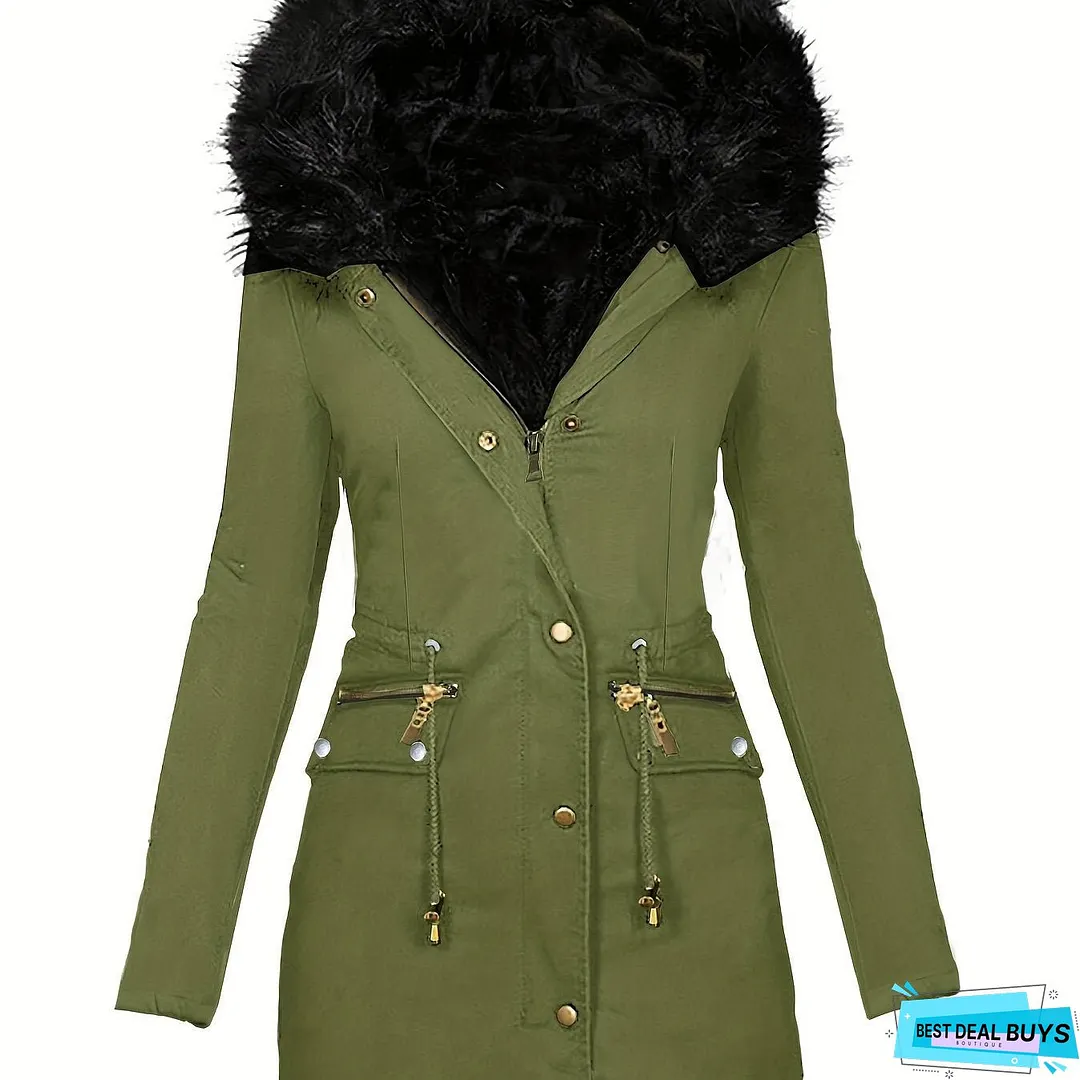 Faux Fur Hood Drawstring Parka Coat, Zip Up Button Front Pocket Thermal Overcoat, Women's Clothing