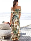Off-neck Print Split-side Maxi Dress
