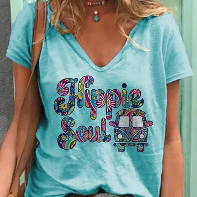 Hippie Soul Women Shirt Short Sleeve Bus Printing O-Neck T Shirt Female Casual Ladies Tops 2020 Summer Fashion Women's T-Shirts